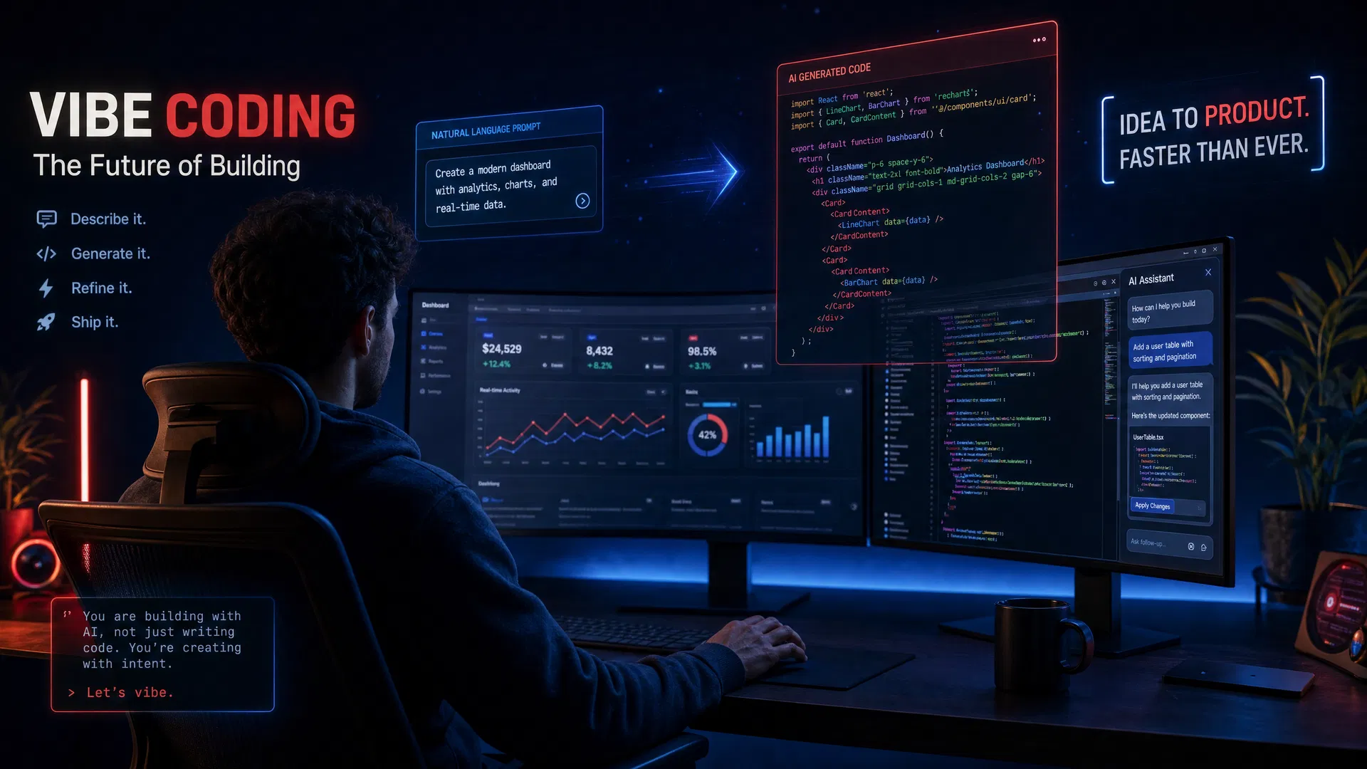 Person vibe coding with AI tools on multiple monitors